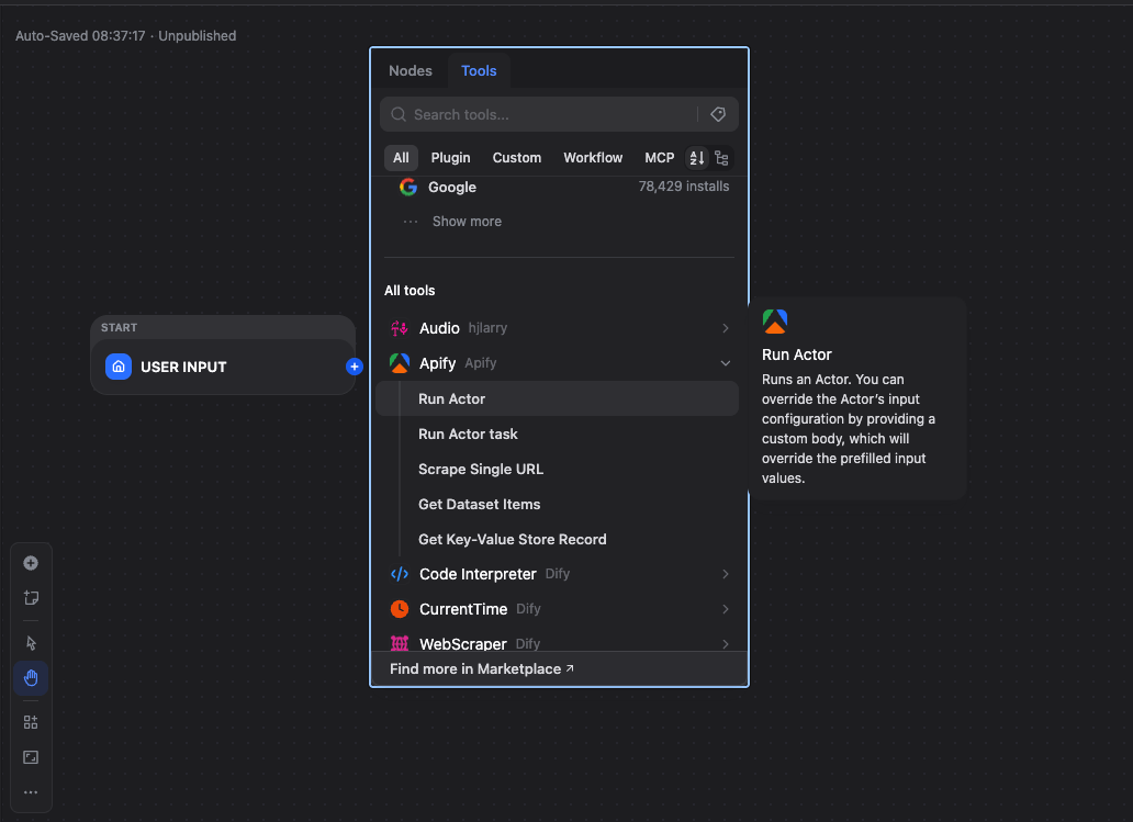 Adding an Apify Tool in Dify